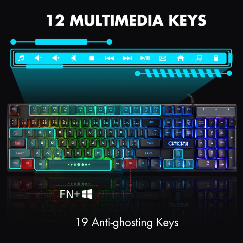 CHONCHOW Wired Gaming Keyboard for Mac PC PS5 PS4 Xbox One Gamers, RGB Backlit LED Mechanical Feel Keyboard with Multimedia Keys Number Pad, 104 Keys USB Desktop Computer Windows Keyboard (Black) - Image 4